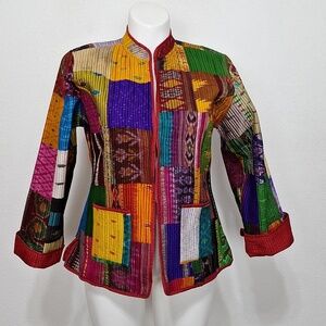 Sudka Vintage Reversible 100% Silk Vibrant Color Quilted Patchwork Jacket Size L